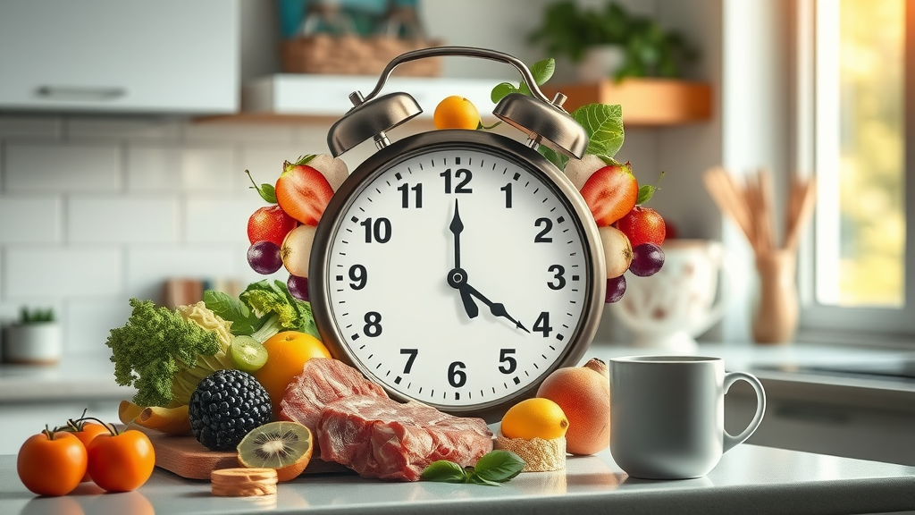 Scientific illustration of intermittent fasting, clock and healthy foods, intermittent fasting for women