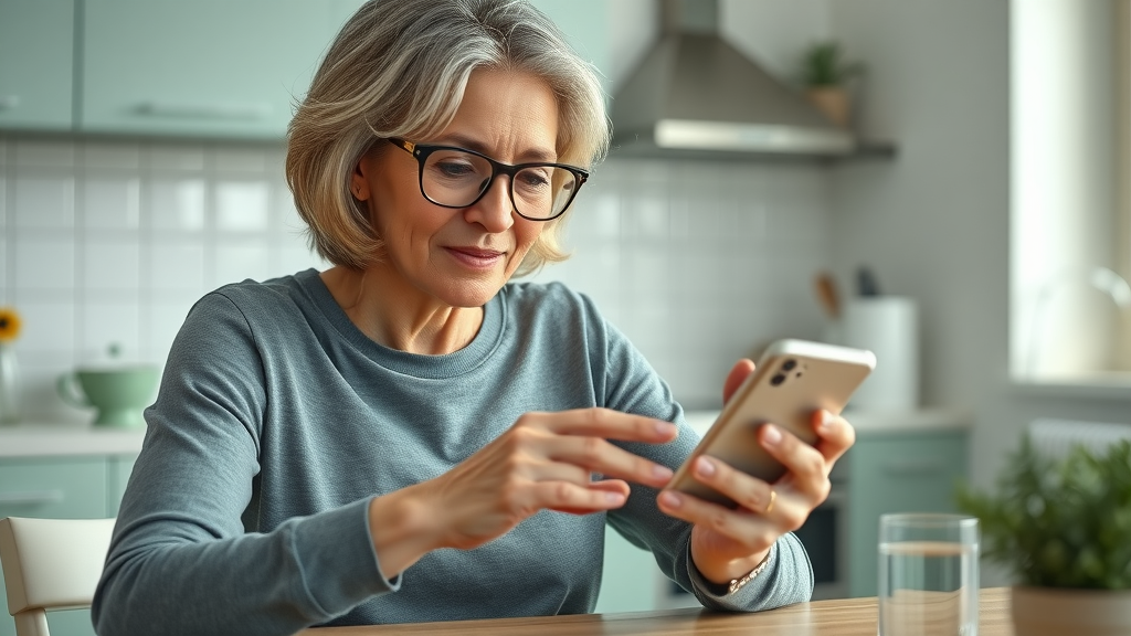 Woman over 40 tracking progress with fitness app for intermittent fasting schedule