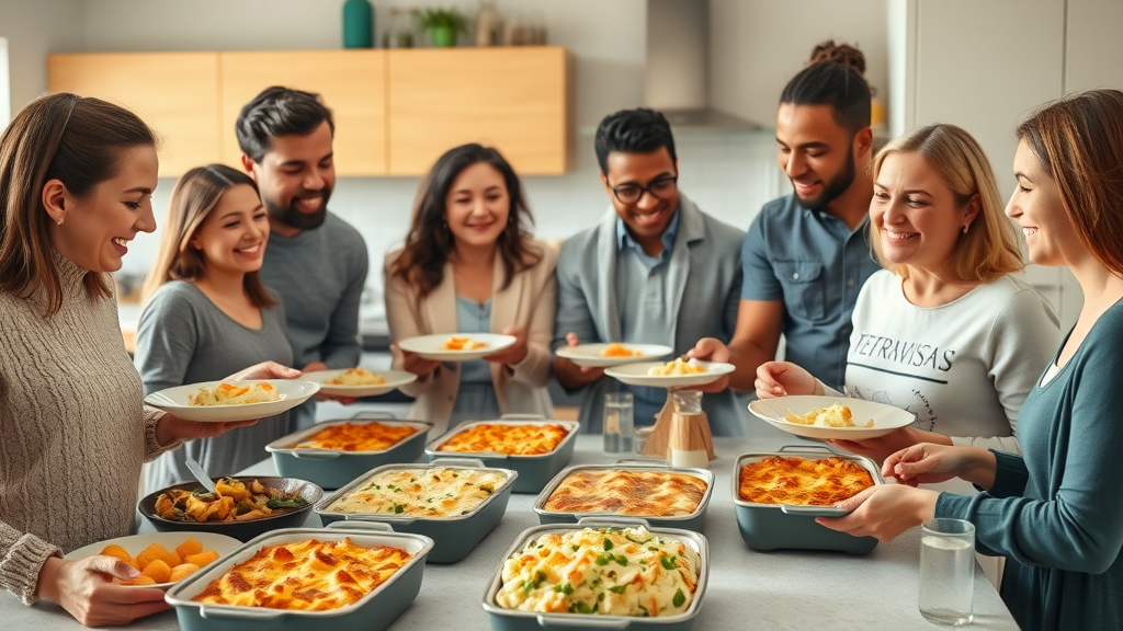 Diverse family in a kitchen serving healthy casserole dishes, healthy casserole recipes