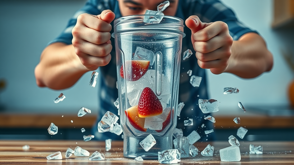 Action shot of a blender crushing ice and fruit, ice shards flying, with a transparent jar on a wooden countertop.