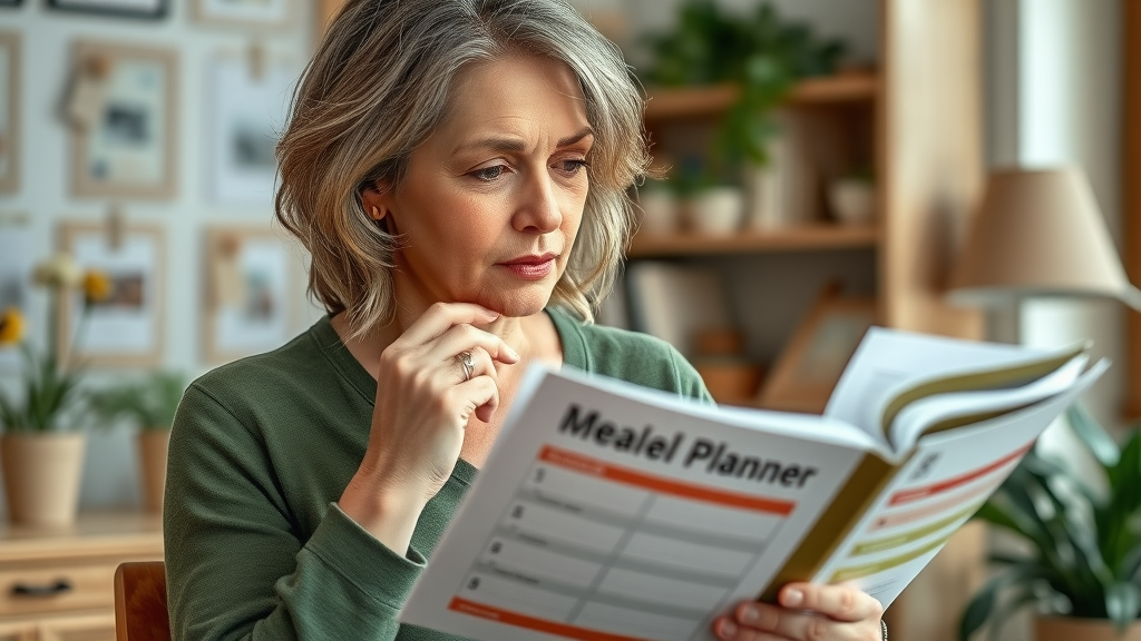 Thoughtful woman over 40 planning intermittent fasting method, healthy eating plan