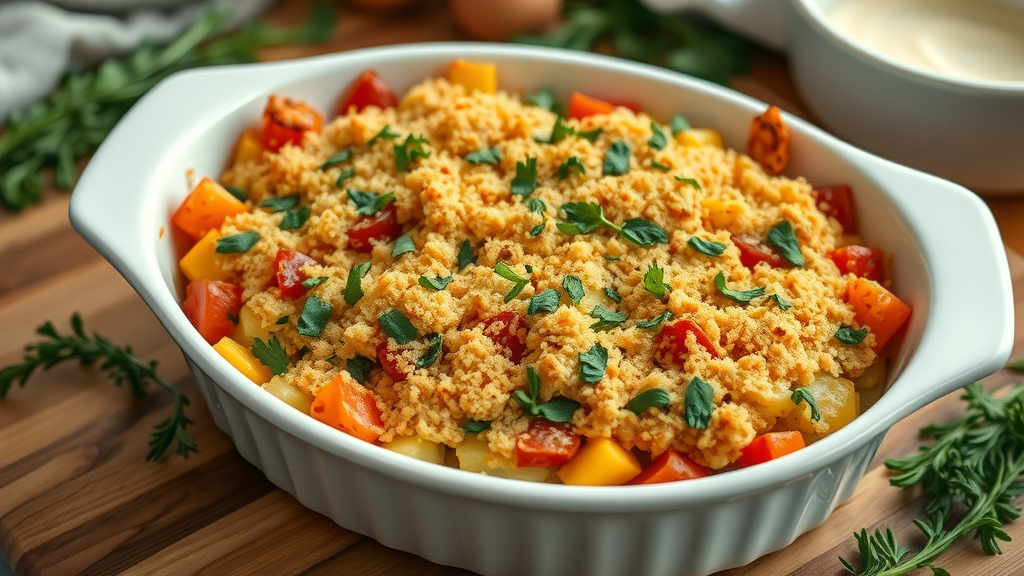 Colorful vegetarian casserole in white dish, gluten free, healthy casserole recipes