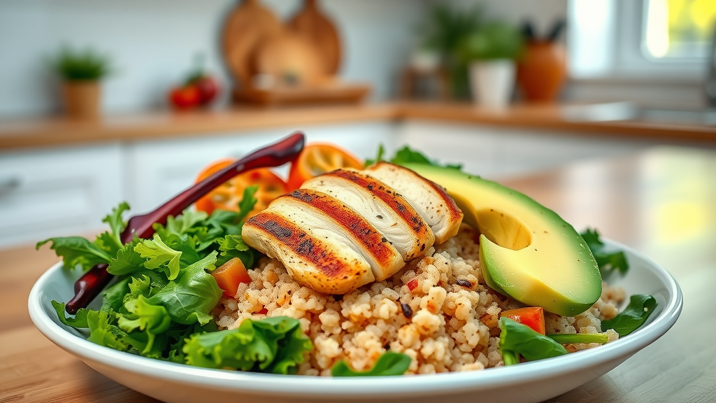 Colorful balanced meal with lean protein, fiber, and healthy fats for intermittent fasting