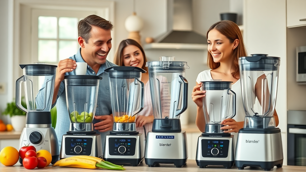 Personal blender and table blender choices being compared by family and single user in an inviting kitchen, with vibrant produce and friendly expressions.