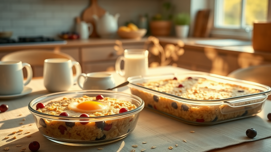 Steaming baked oatmeal and egg casserole dishes, breakfast casserole