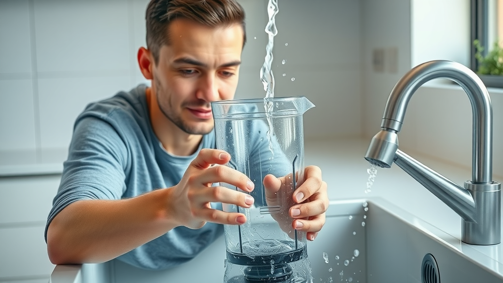 User cleaning blender parts under running faucet in a modern kitchen, water droplets sparkling off the jar and blade.