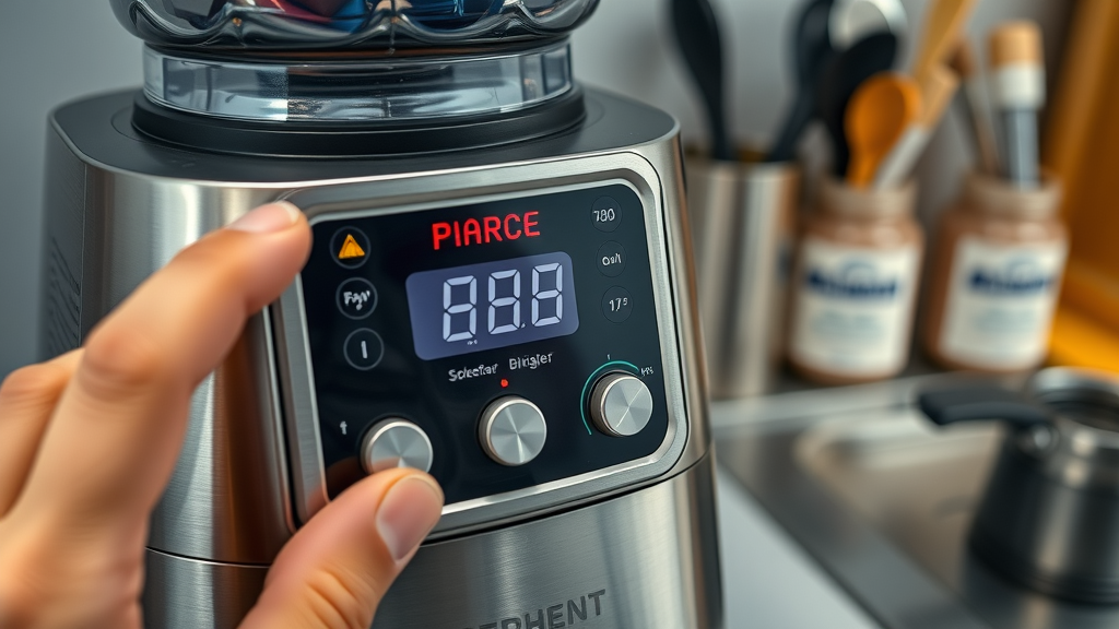 Professional blender control panel close-up with digital display, hand adjusting variable speed settings on a stainless steel base.