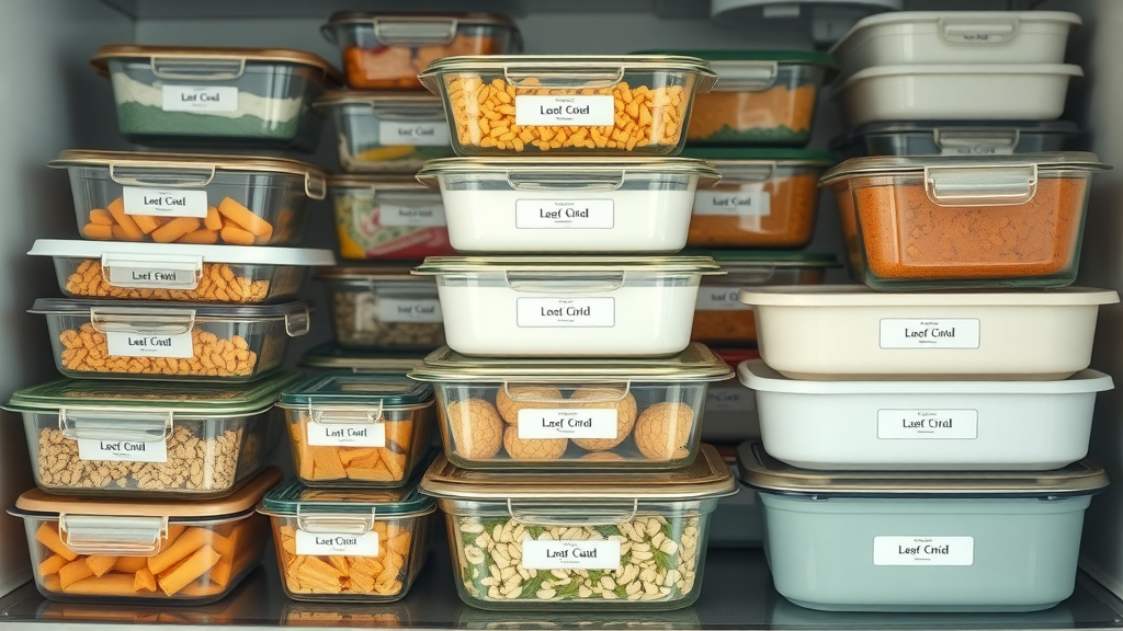 Kitchen storage containers with labeled healthy casseroles, casserole dishes