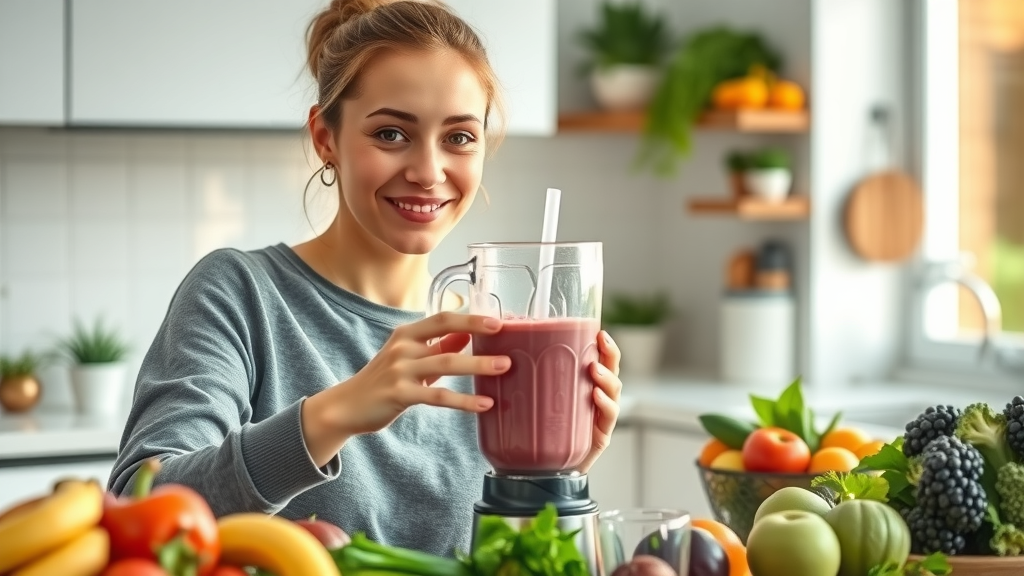 Happy user making a smoothie and choosing ingredients in a bright kitchen, emphasizing the blender choice.