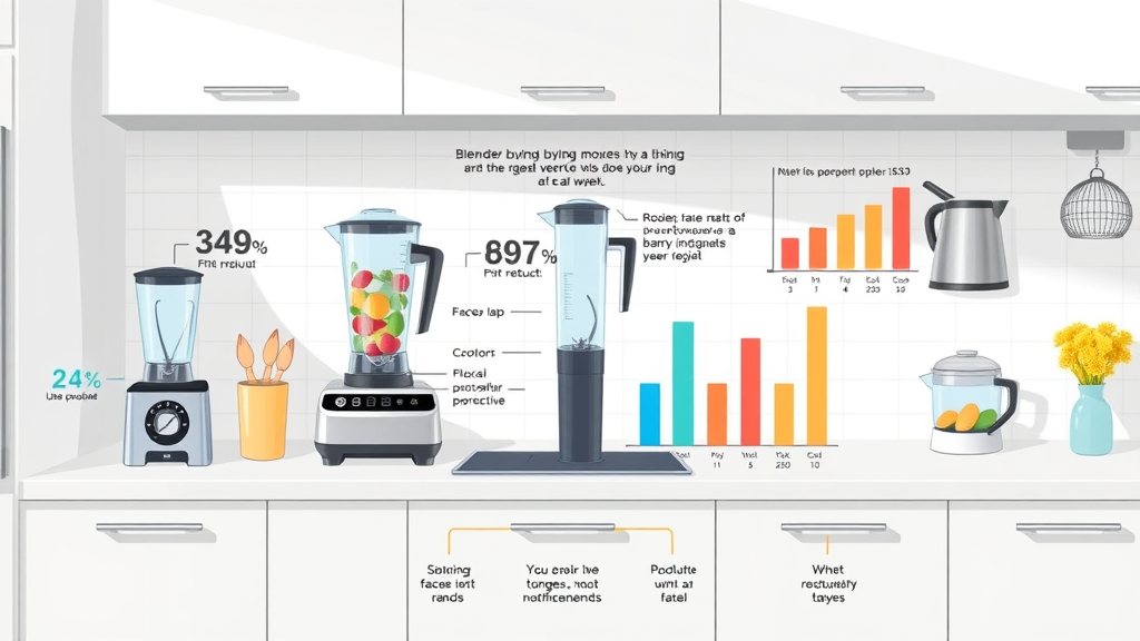 Blender buying statistics and user regret data for choosing the best smoothie blender, with bar charts, gadgets, and colorful icons on a minimalist kitchen countertop.