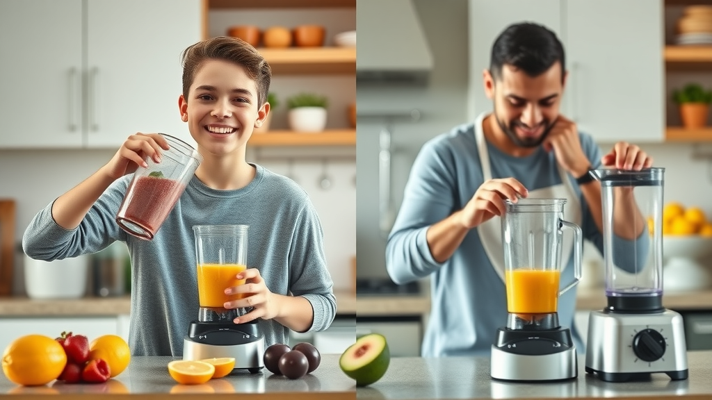 Personal blender used by a young adult and table blender used by a family in a contrasting kitchen scene, showing smoothie preparations.
