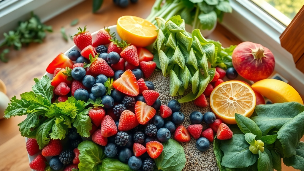 antioxidant smoothie recipes with fresh berries, leafy greens, and chia seeds arranged on a rustic kitchen table, sunlit and vibrant