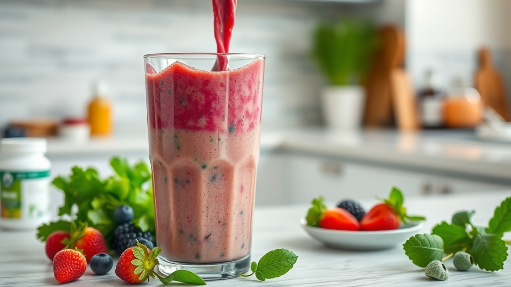 antioxidant smoothie flowing into a glass with berries and leafy greens, vibrant and fresh, highlighting antioxidant smoothie recipes