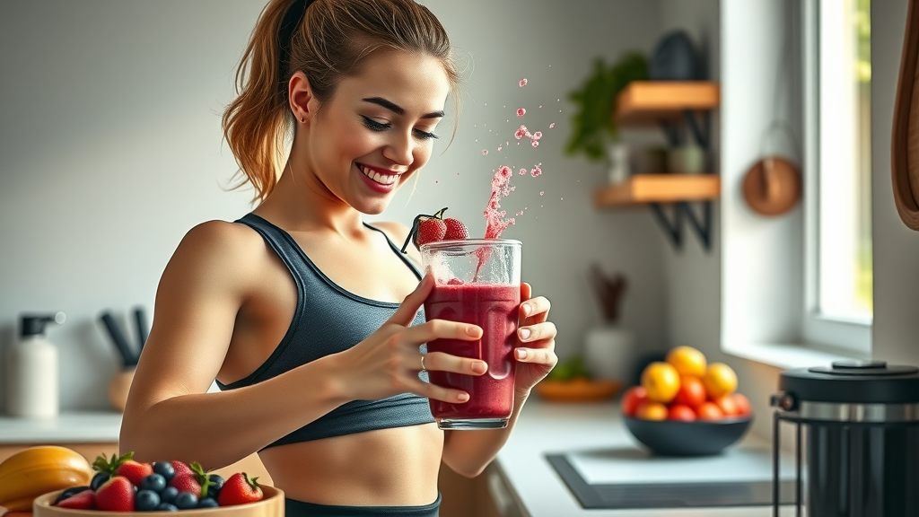 fit woman preparing a berry smoothie in a home gym kitchen for antioxidant smoothie recipes and fitness recovery