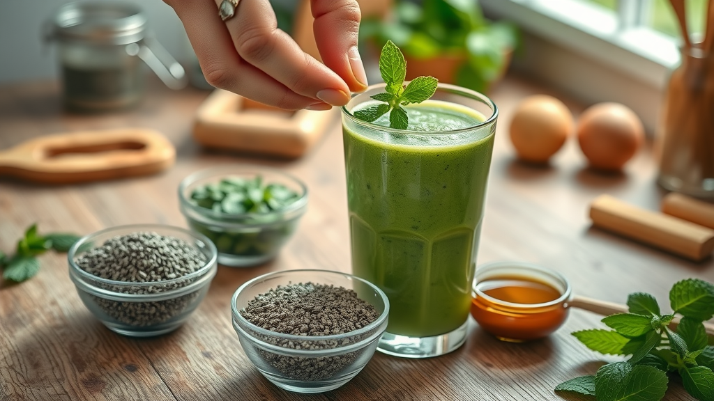 chia seeds, green tea powder, mint, honey, and other antioxidant smoothie ingredients in small bowls around a vibrant green smoothie