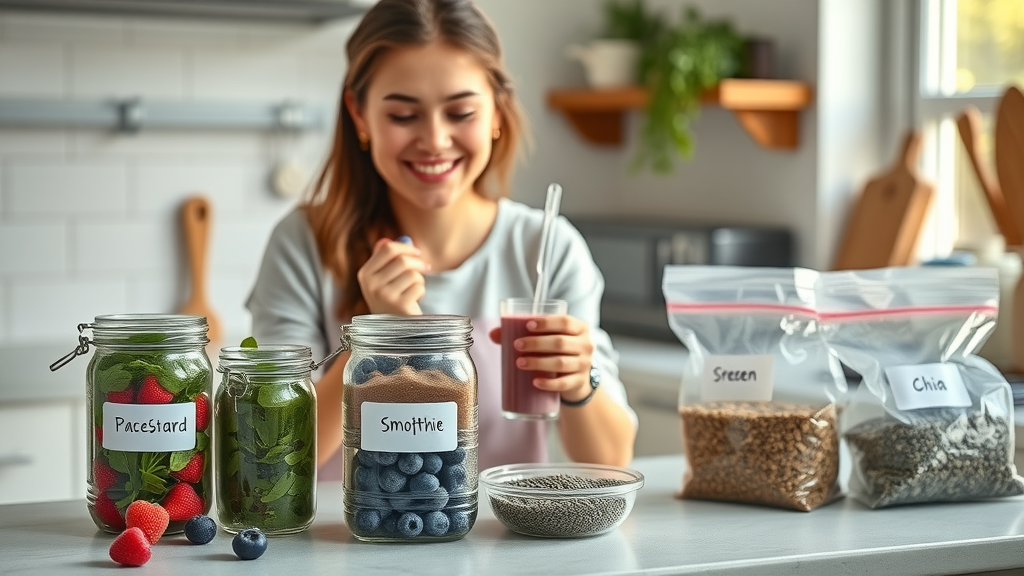 prepped antioxidant smoothie recipes ingredients in jars and freezer bags for easy meal planning