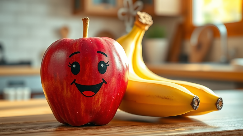 fresh apple and ripe banana on wooden kitchen countertop for apple and banana smoothie recipe, natural morning sunlight, photorealistic, bright and colorful
