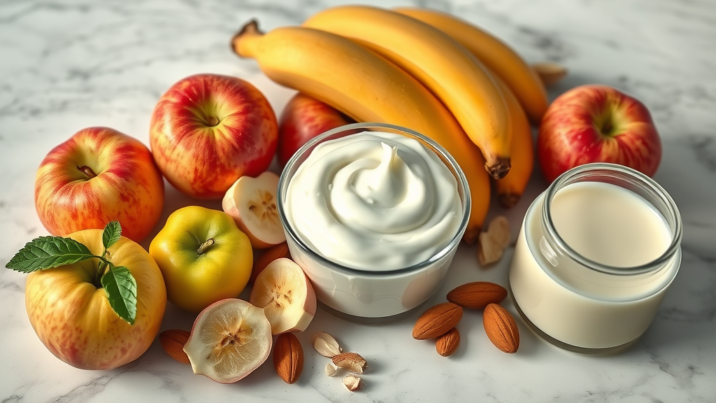 colorful arrangement of apples, bananas, yogurt, honey, and almond milk for apple banana smoothie recipe, fresh and beautiful