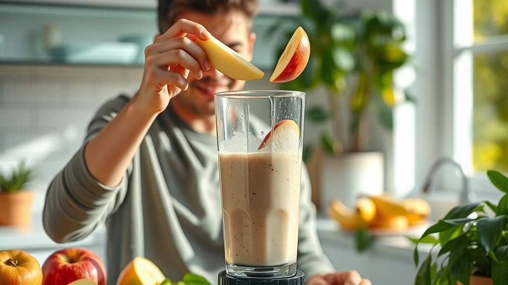 person preparing apple and banana smoothie with fresh fruit and blender in bright modern kitchen, energetic morning sunlight