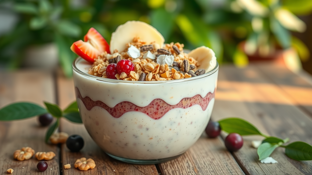 appetizing apple and banana smoothie bowl with granola, chia, fruit slices, coconut, nut butter, rustic wooden table, lush greenery