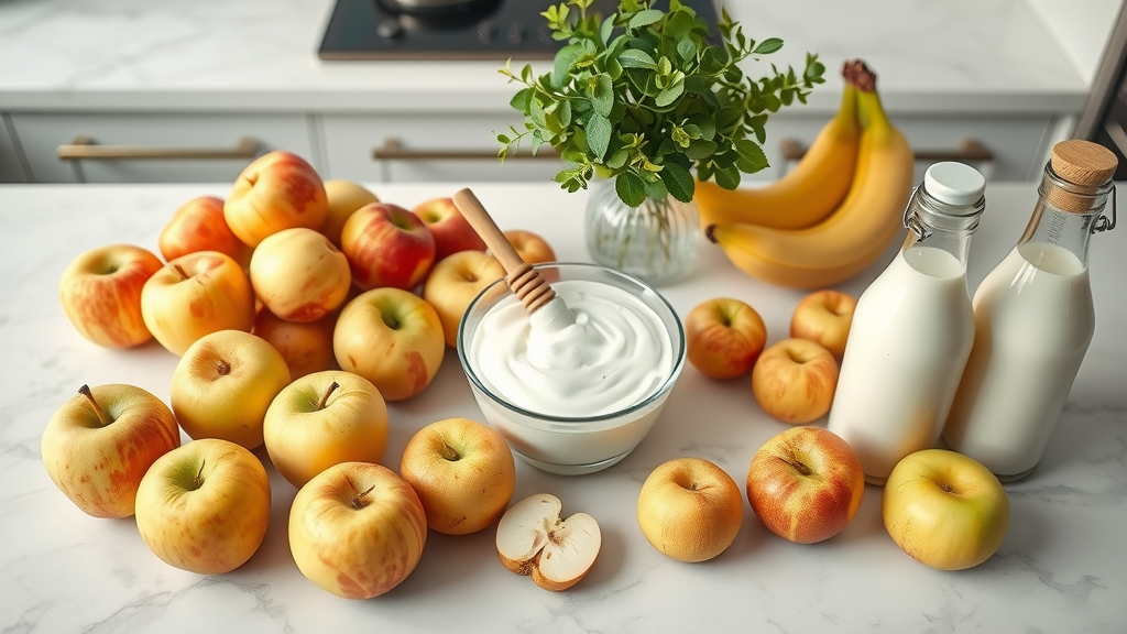 flat lay of pristine apples, bananas, yogurt, honey, almond milk bottles on marble kitchen island, natural fresh vibe for apple banana smoothie recipe