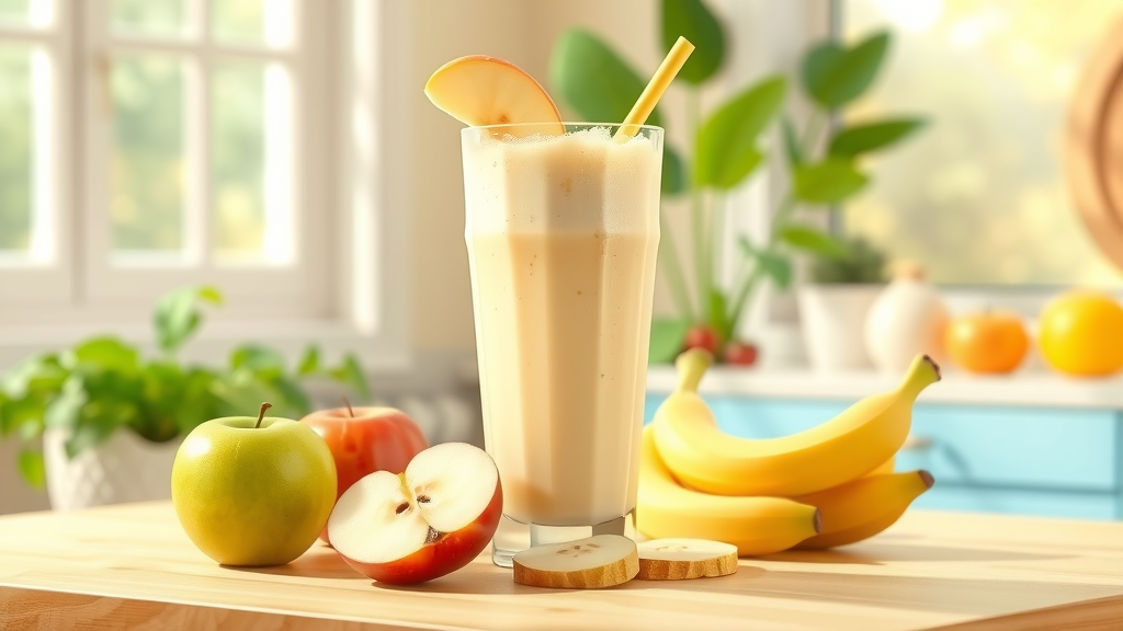 refreshing apple and banana smoothie in glass on sunny breakfast table, sliced apples and bananas, cartoon style and bright colors
