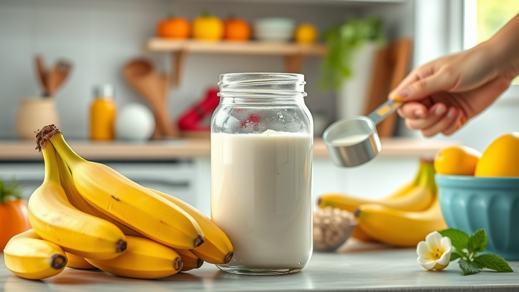 Preparing banana protein smoothies with fresh bananas, protein powder, and oat milk in a bright kitchen. Ingredients are measured and arranged naturally.