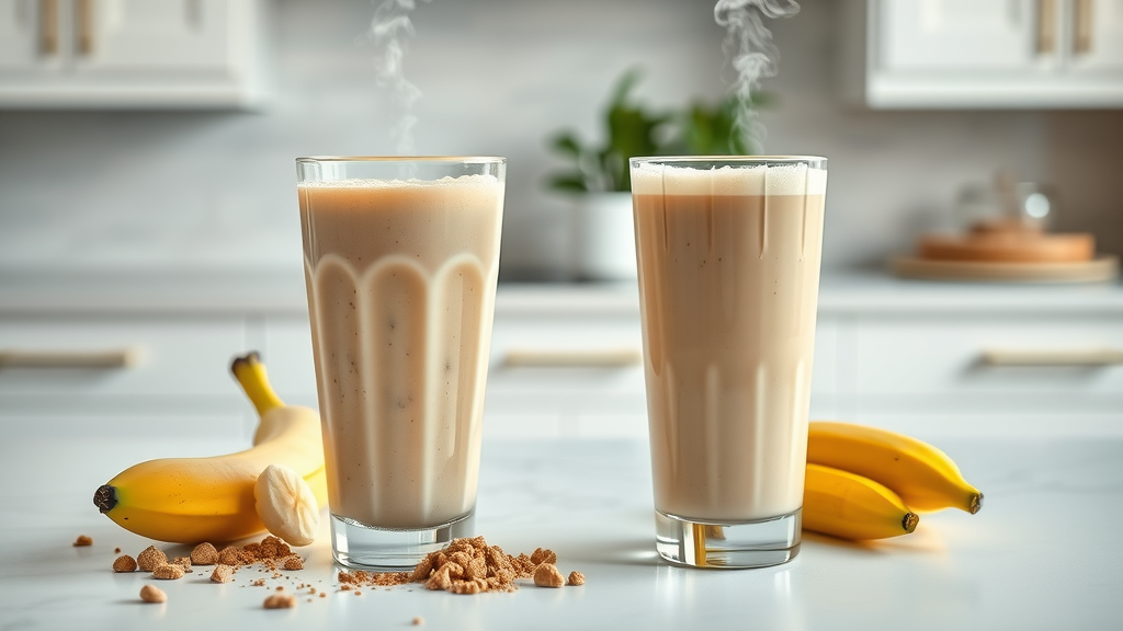 Glass of banana protein smoothie and classic protein shake side-by-side on a kitchen counter with protein scoops and bananas.