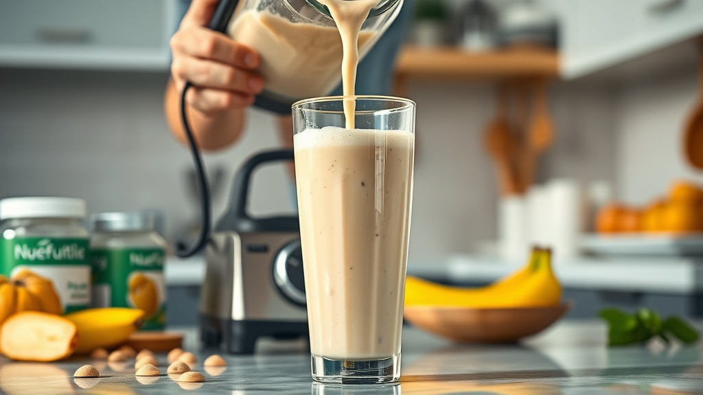 Blender pouring creamy banana protein smoothie into glass, kitchen counter background with nutritional supplements and fruit.
