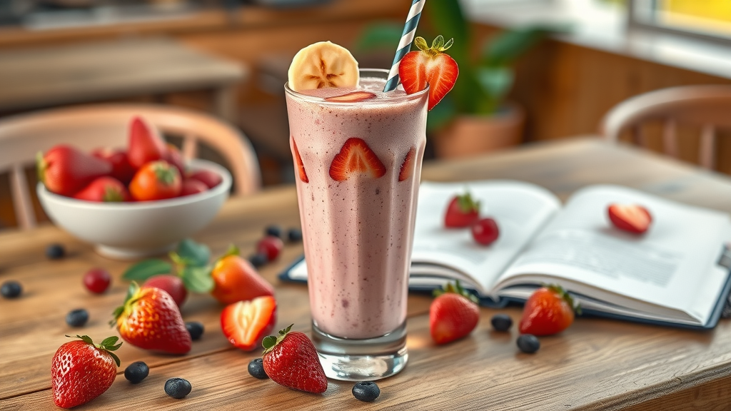 Layered strawberry banana protein shake in a glass with strawberry slices and banana wheels, on a tabletop with berries.