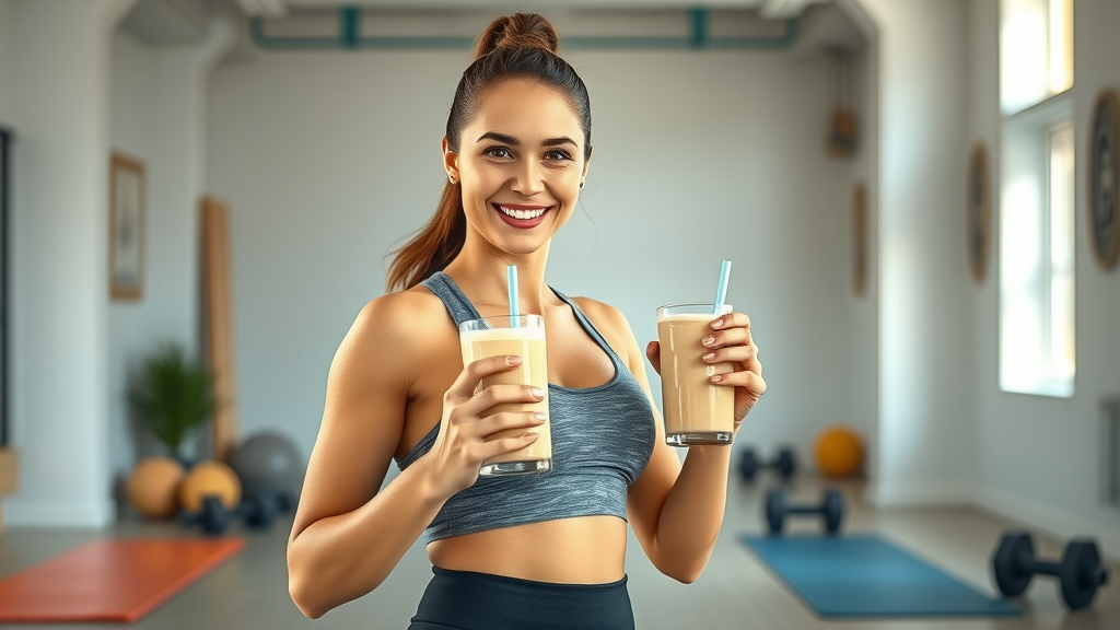 Empowered woman in athletic wear holding a banana protein smoothie in a gym, surrounded by yoga mats and dumbbells, looking strong and energized.