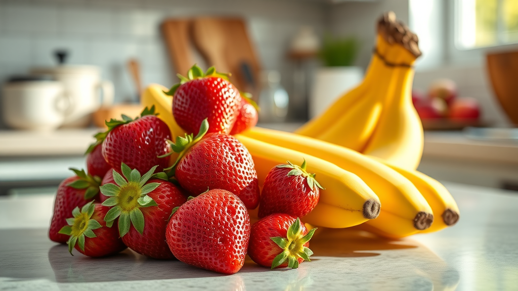 Vibrant fresh strawberries and bananas for banana strawberry smoothie healthy, arranged attractively on a clean kitchen countertop, photorealistic, sunlight streaming through window