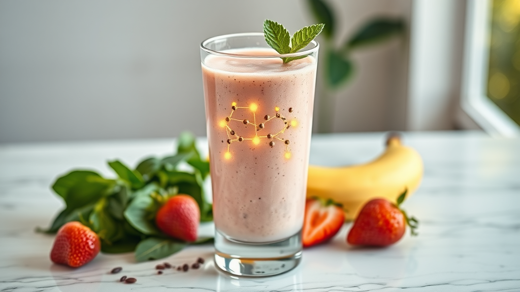 Nutrient breakdown overlayed on a glowing banana strawberry smoothie healthy, chia seeds, spinach, and fresh strawberries, highly detailed, droplets of condensation