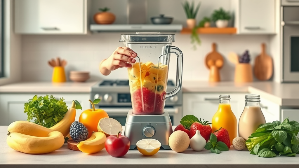 Healthy strawberry banana smoothie recipe ingredients laid out, bananas, strawberries, Greek yogurt, chia seeds, almond milk, clean kitchen setup