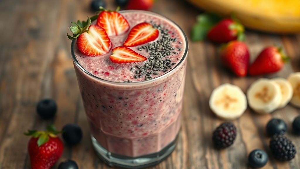 Banana strawberry smoothie healthy topped with chia seeds, close-up, rustic wooden table and scattered berries, highly detailed, nutritious secret ingredient
