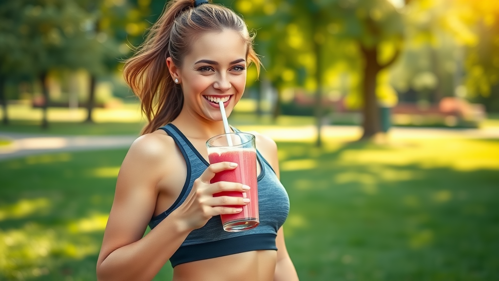 Active woman holding banana strawberry smoothie healthy, sporty attire, joyful, post-workout outdoors in sunlit park