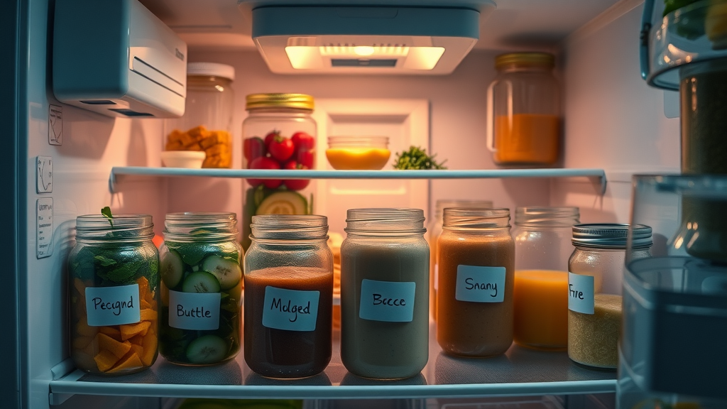 bedtime smoothie recipes organized refrigerator with labeled smoothie ingredients night prep