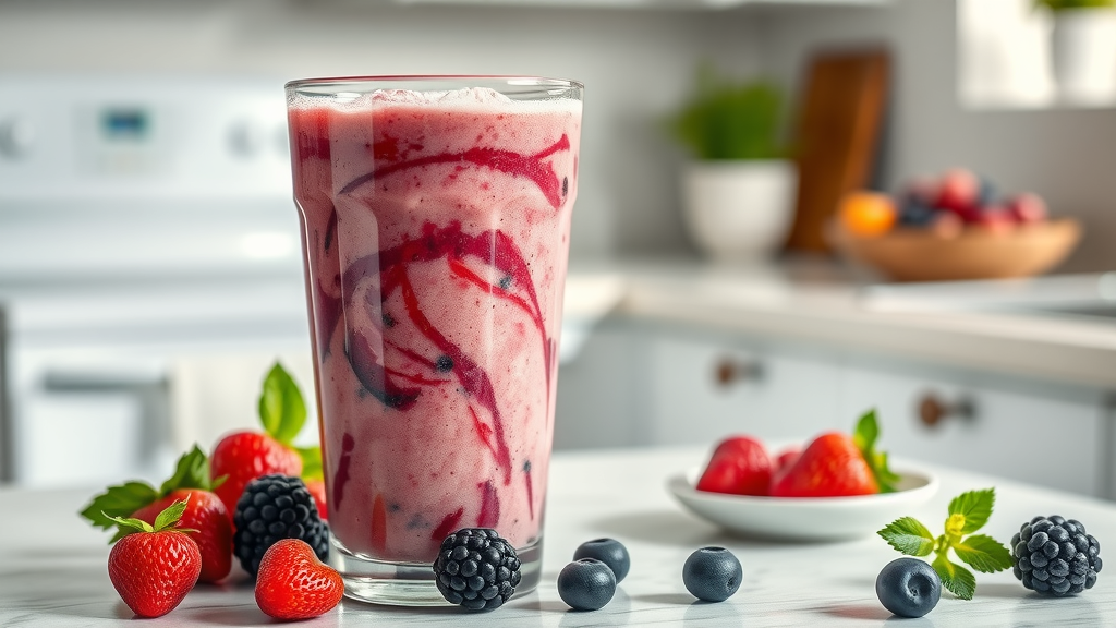 Vibrant mixed berry protein smoothie in a glass, healthy and inviting, a swirl of berries and protein powder blending, Photorealistic High Fidelity Lifelike, on a bright kitchen countertop with fresh berries, highly detailed, action swirling through glass with frothy top, creamy deep reds and purples, natural daylight