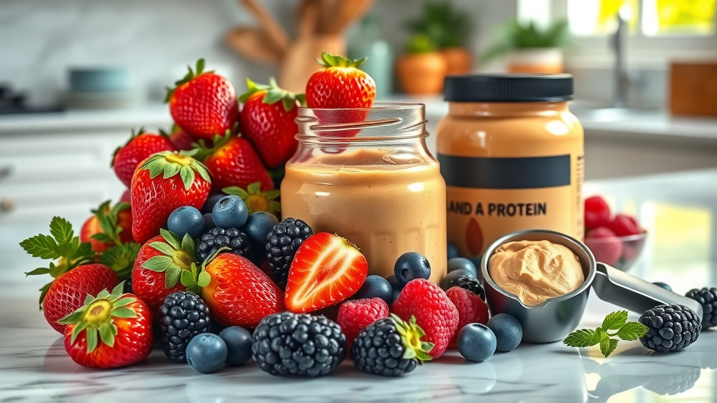 Colorful display of strawberries, blueberries, blackberries, raspberries, almond butter jar, and protein powder scoop sitting together, fresh and wholesome, resting calmly on a marble countertop, Photorealistic High Fidelity Lifelike, background with sunlight through a window, highly detailed, berries glistening, natural colors, soft natural light, shot with a macro lens.