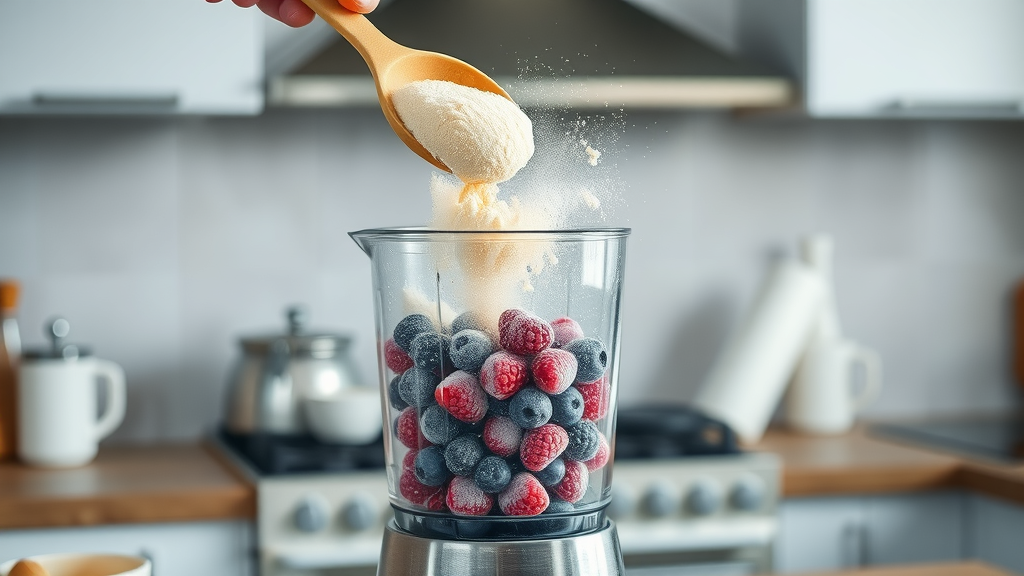 Modern scoop of vanilla protein powder pouring into a blender filled with mixed berries, deliberate and dynamic, powder creating a cloud effect, Photorealistic High Fidelity Lifelike, stainless steel blender on kitchen counter, highly detailed, motion of falling powder, cool whites and purples, bright LED kitchen lighting, shot with a 35mm lens.