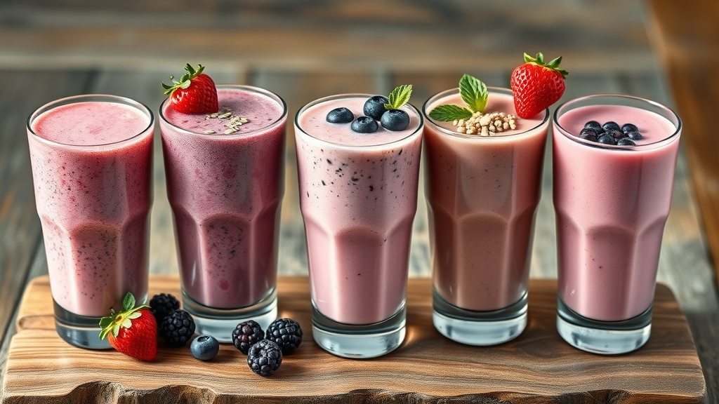 Inviting arrangement of five different berry protein smoothies in unique glassware, vibrant, each smoothie topped with fresh berries or seeds, Photorealistic High Fidelity Lifelike, set on a rustic wooden board, highly detailed, textures of smoothies clear, color variety from berries, side lighting for depth, shot with an 85mm lens.