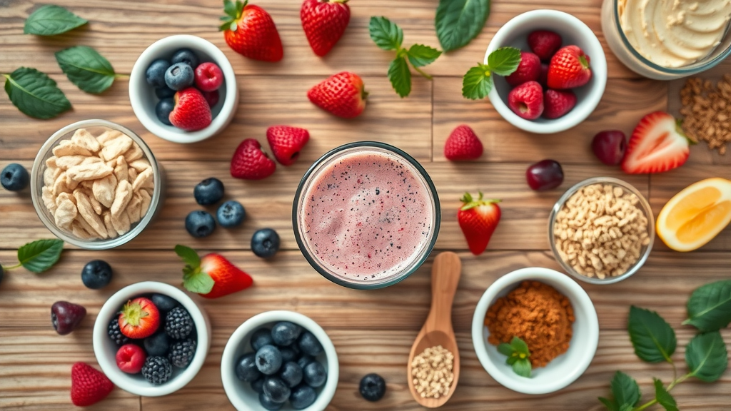 Flat lay of all berry protein smoothie ingredients, neat and organized, inviting and informative, ingredients clearly separated in small bowls, Cinematic, wooden tabletop with fresh berries, protein powder, nut butters, and superfoods arranged, highly detailed, bright natural colors, diffuse sunlight, shot with a top-down lens.