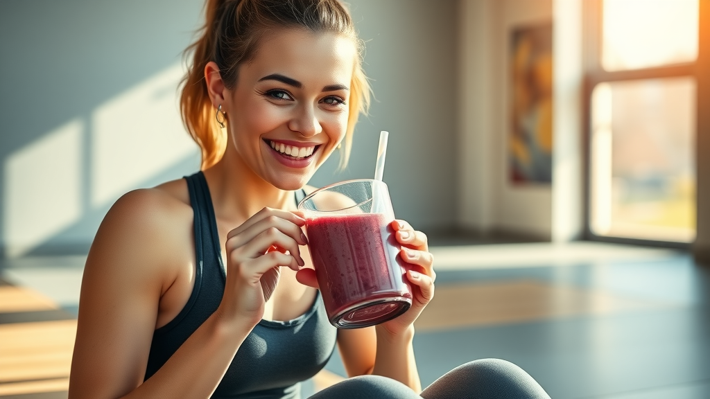 Cheerful woman in fitness attire sipping a berry protein smoothie post-workout, energized, sitting on yoga mat, Cinematic, gym environment with natural light streaming in, highly detailed, smoothie cup and happy expression, focus on organic colors and health vibe, bright warm sunlight, shot with a portrait lens.