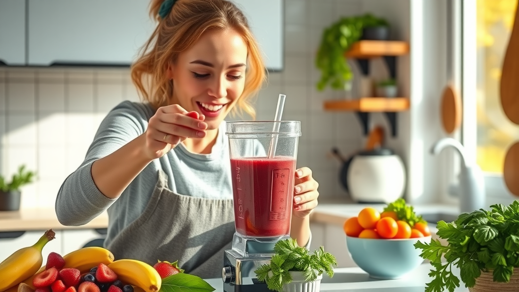 Smiling woman energetically preparing breakfast smoothie for energy in a vibrant kitchen, fresh berries, bananas, and greens on sunlit counter, dynamic action, crisp details