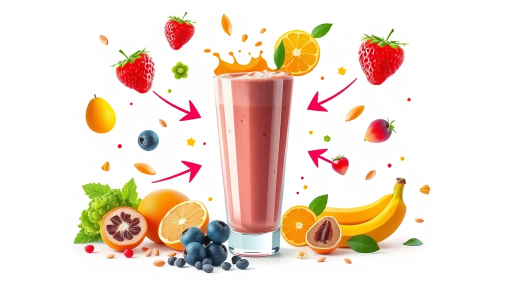 Infographic illustrating macronutrients blending into an energy smoothie for optimal breakfast energy boost, bright fruits and seeds showing nutrient effects