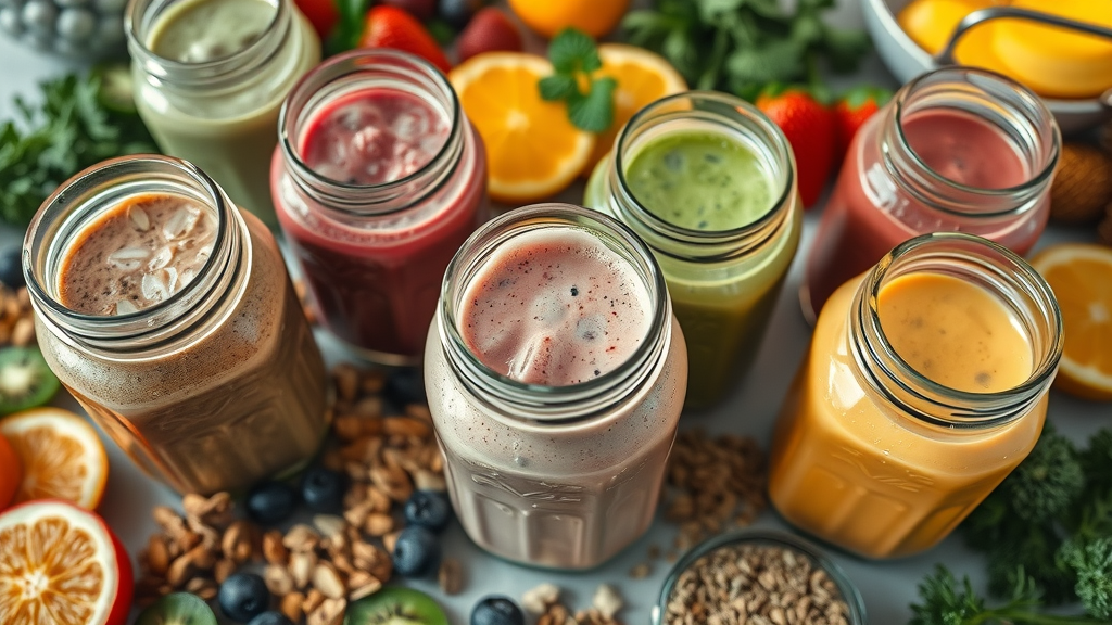 Array of colorful breakfast smoothies for energy in glass jars, with healthy ingredients like berries, nuts, seeds, and oats arranged around them, bright kitchen table, condensation on glasses shown in morning light