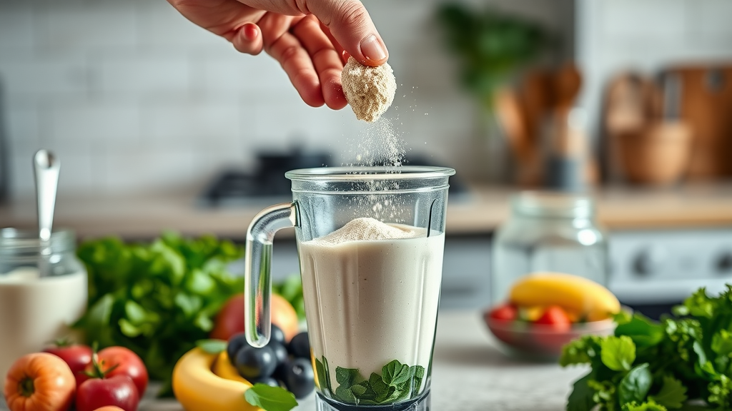 Protein powder being sprinkled into blender with fruit and greens for ultimate breakfast smoothie for energy, vivid detail