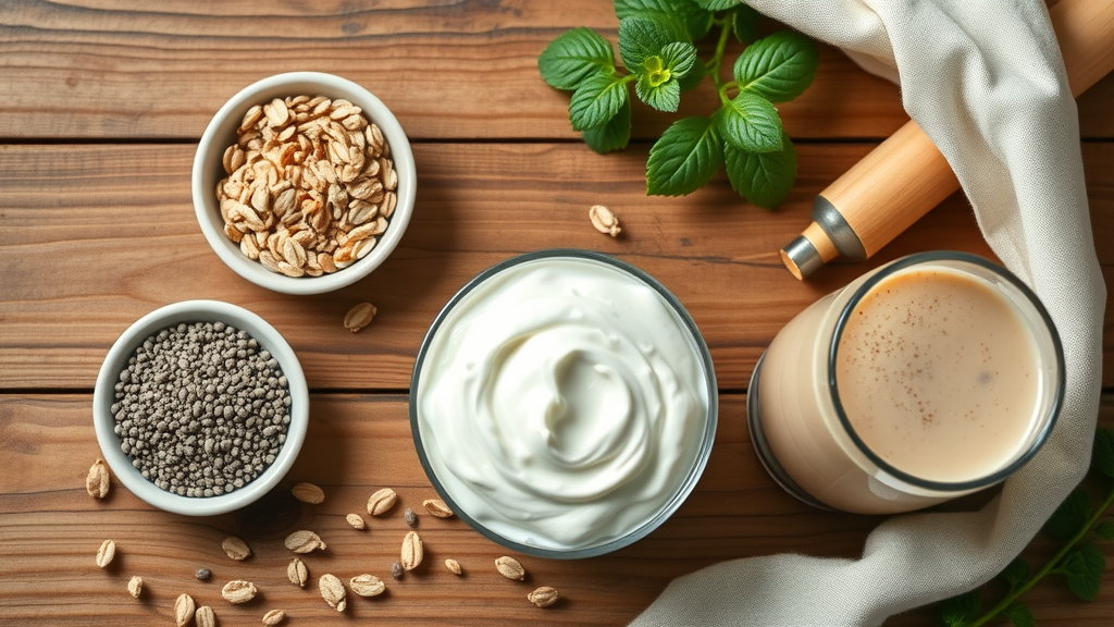 Chia seeds, greek yogurt, and oats in bowls next to a fresh breakfast smoothie for energy, rustic kitchen, healthy microwellness