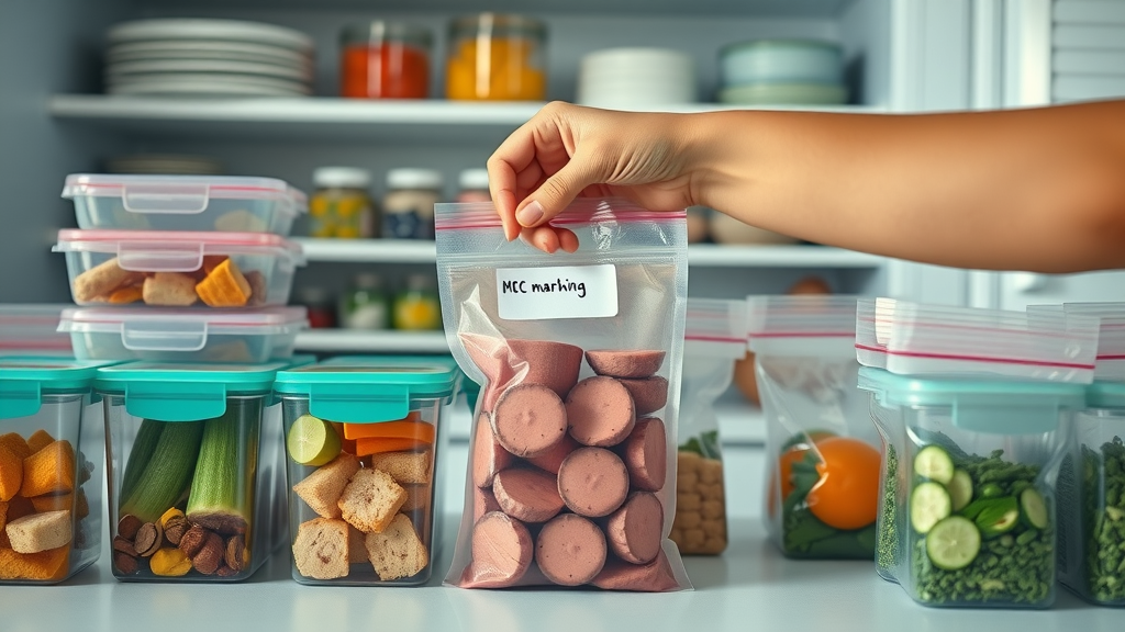 Organized kitchen with containers and prepped smoothie ingredients for quick, healthy breakfast smoothies and easy energy boosts, hand labeling bag