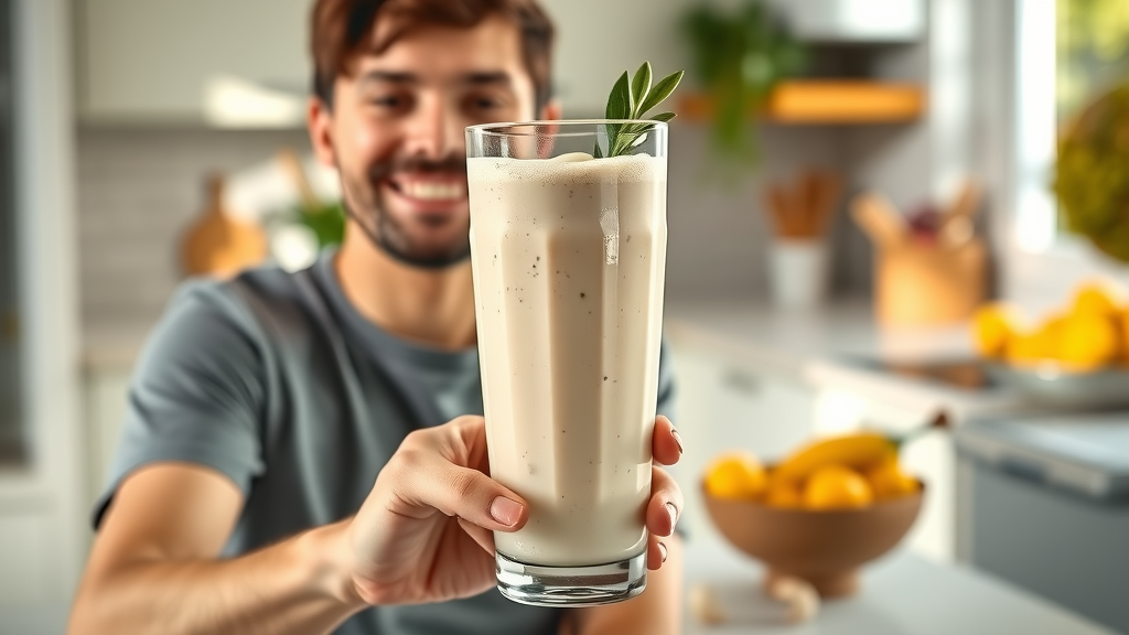 Cashew milk smoothie in a tall glass, creamy and smooth, surrounded by cashews, fresh fruit and a smiling person in a cozy kitchen